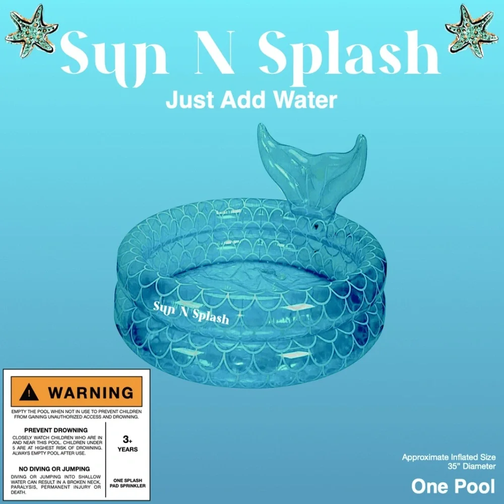 Sun N Splash Small Inflatable Blue 35” Diameter Outdoor Pool- Mermaid Tail